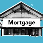 Creative collage of a house with mortgage theme and blue background.